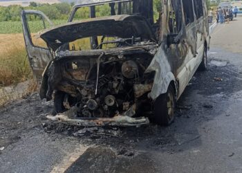 PANICĂ PE ȘOSEA! Un microbuz A LUAT FOC în mers pe DN 29D la ieșire din Trușești